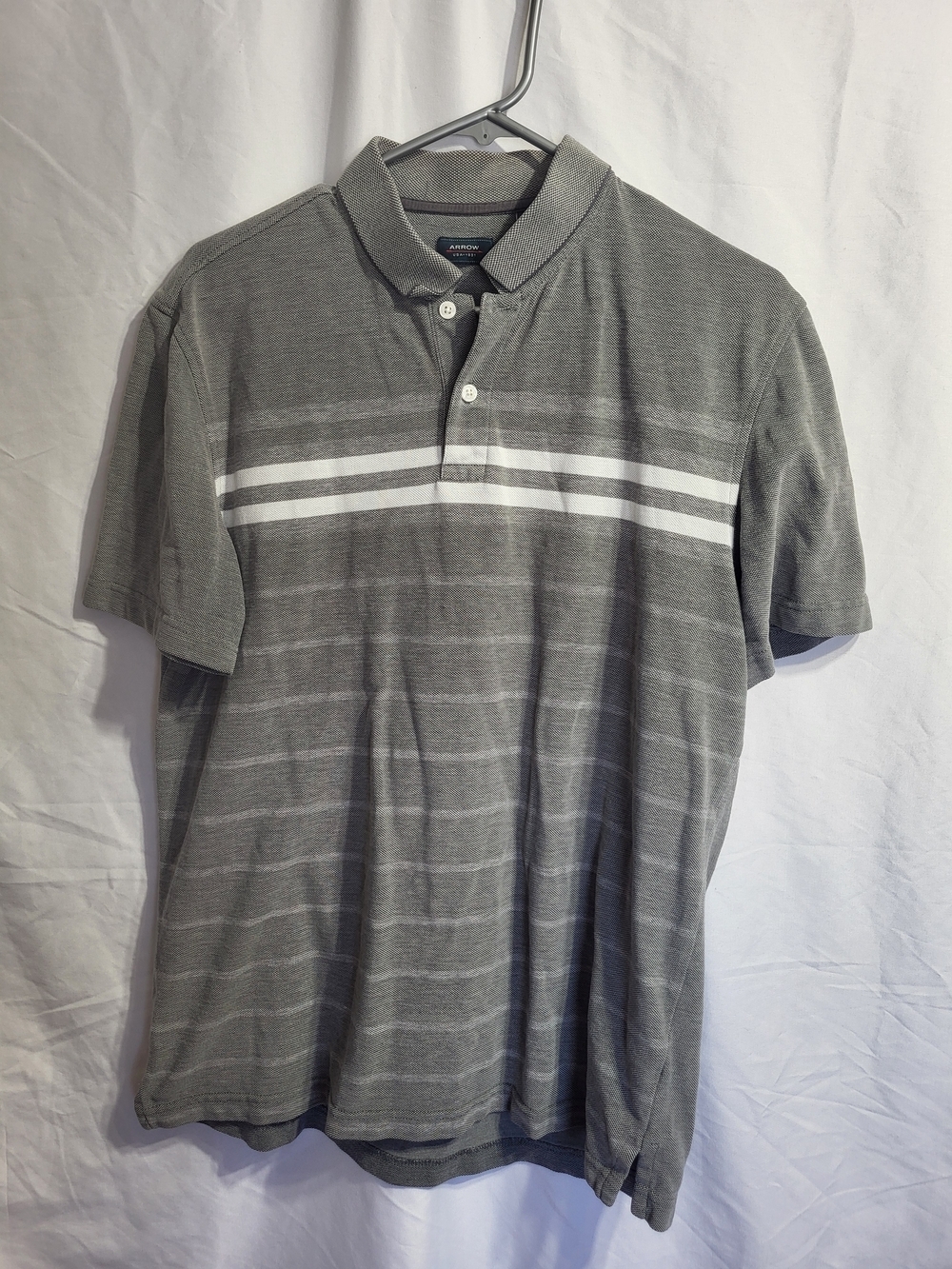 Arrow Gray Polo with White Chest Stripes, Size Medium